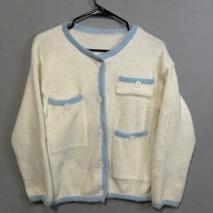 Womens Fuzzy Knit Button Front Cardigan Sweater Size Medium Cream Blue Trim P